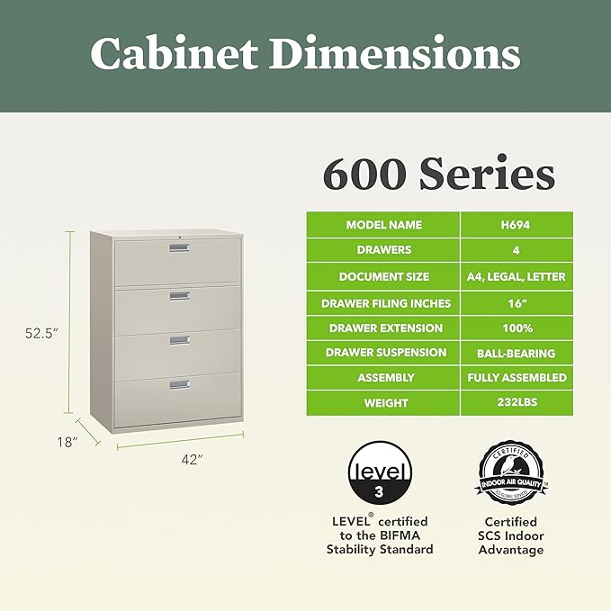 HON 4 Drawer Lateral File Cabinet with Lock, Metal Filing Cabinets for Offices, Adjustable Hangrails for A4, Legal, Letter Files, 18" Deep, Light Gray