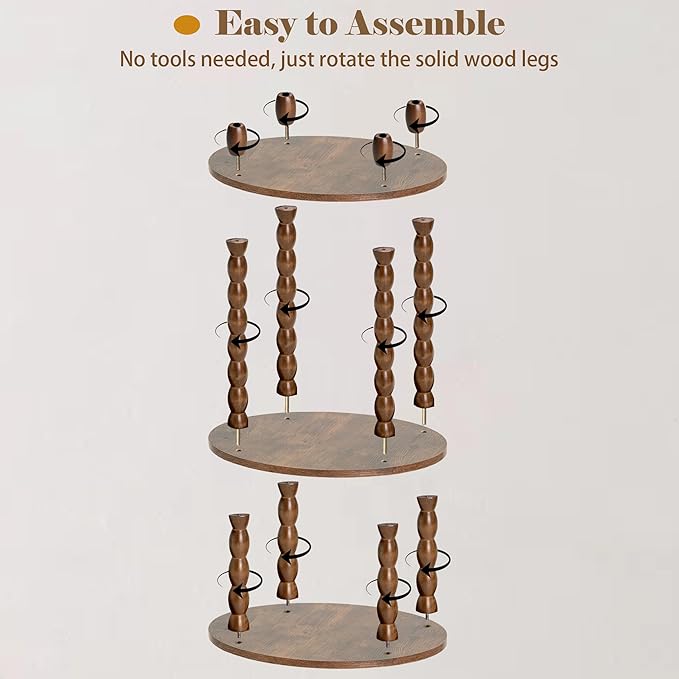 Round Side Table with 3-Tier Shelves, Small End Table with Solid Wood Legs for Living Room Bedroom, Modern Circular Coffee Table Nightstand for Small Spaces, Easy No-Tool Assembly