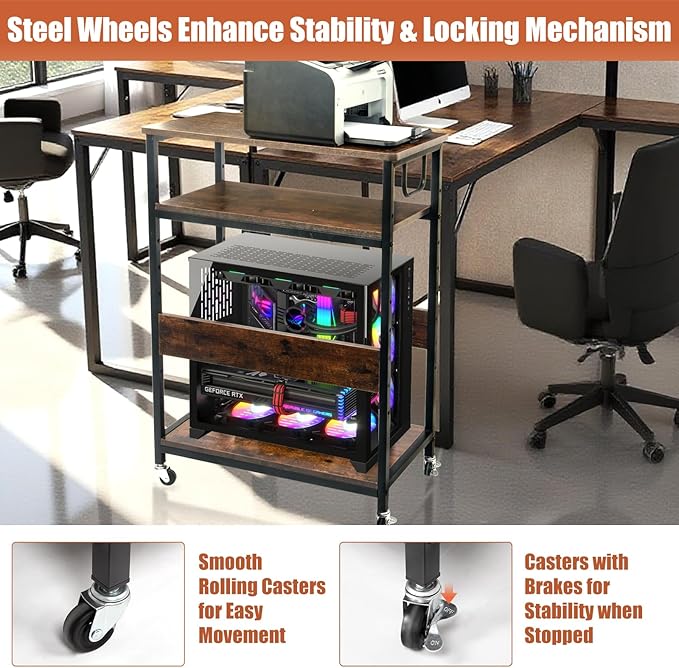 TooCust Extra Large Height Adjustable Computer Tower Stand, Computer & Machine Carts, PC Tower Stand, Printer Stands with Steel Wheels, Holds Up to 110 lbs (Fits 11" D x 22" W x 24.5" H Towers)