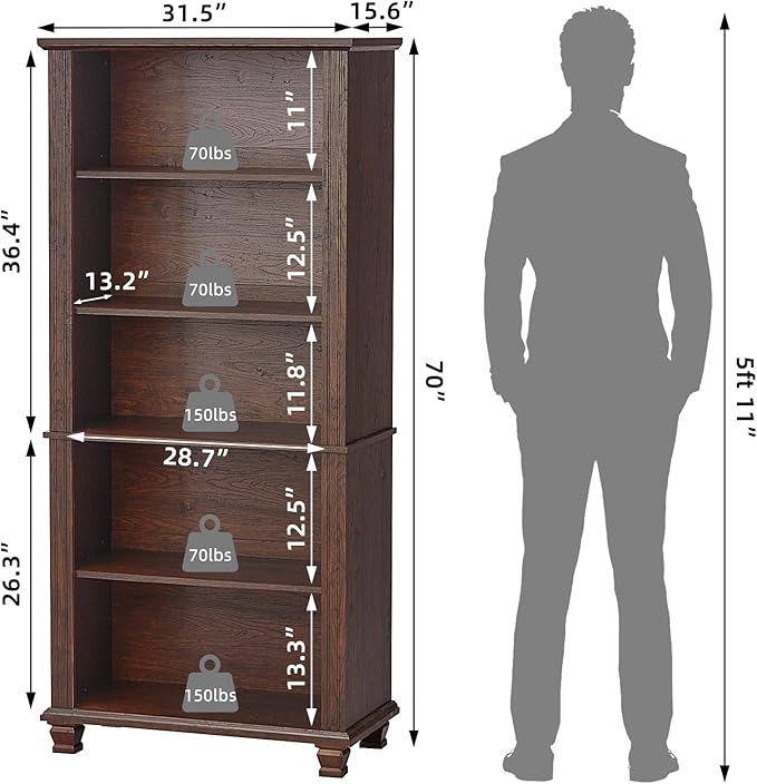 SAVOR LIFE 70" Tall Walnut Bookshelf,5 Tier Wooden Book Shelf with Adjustable Shelves & Wood Legs,Free Standing Farmhouse Bookcase with Open Display Storage,Vintage Bookshelves for Classroom, Office