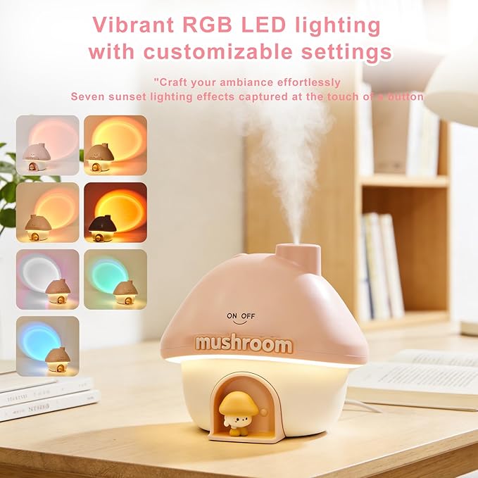 Mushroom House Humidifiers, Rechargeable Desktop Silent Air Humidifier with Night Light, USB Portable Cute Mist Humidifiers with Rainbow Gradient Lighting for Home, Office, Car, and Travel (Blue)