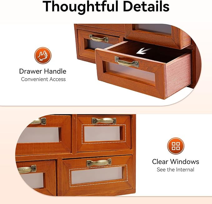 4 Pcs Vintage Wooden Storage Box, 16 Drawer Desktop Organizer for Home Office Organization, Brown Storage Cabinet for Storing Small Items like Cosmetics and Cards