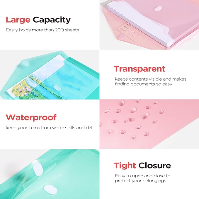 Sooez 20Pack Plastic Envelopes, Plastic File Folders, Clear Folders for Documents Trendy Colors, Super Heavyweight Document Holders, Storage Pouches, File Envelopes for School Office Supplies