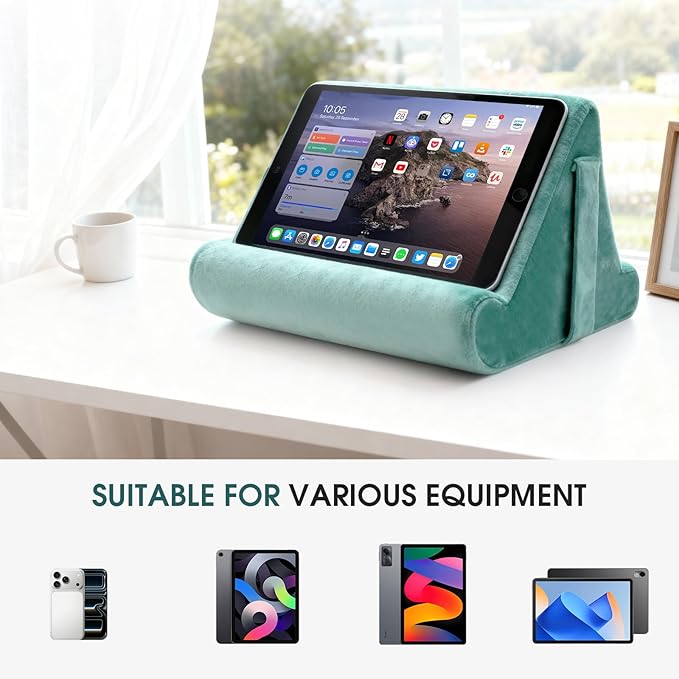 Multi-Angle Tablet Stand with Soft Pad Cushion and Net Pocket - Universal Phone and Pad Holder for Lap, Knee, Sofa and Bed (Light Blue)