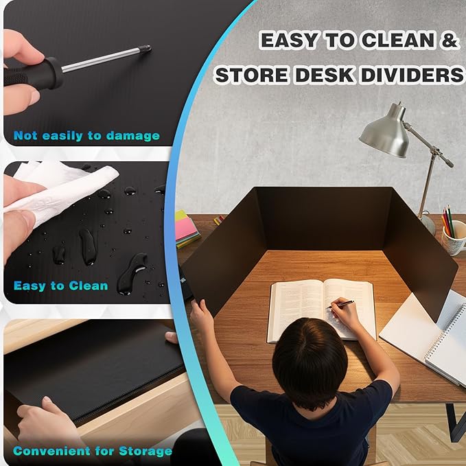 2Pack Black Desk Dividers for Student, Waterproof Plastic Privacy Folders for Classroom Students, Foldable Study Carrels Teacher Supplies, Easy-Clean Testing Dividers for Exam, Office & Library Focus