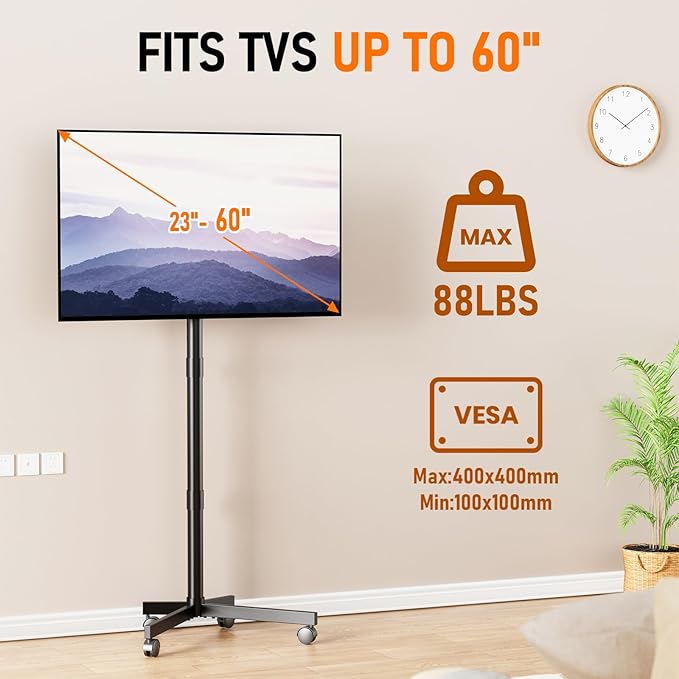 Mobile TV Cart Rolling TV Stand for 23-60 Inch LCD LED OLED Flat Curved Screens up to 88 lbs, Height Adjustable Portable TV Cart with Locking Wheels, Outdoor TV Stand Mount, Max VESA 400x400mm, Black