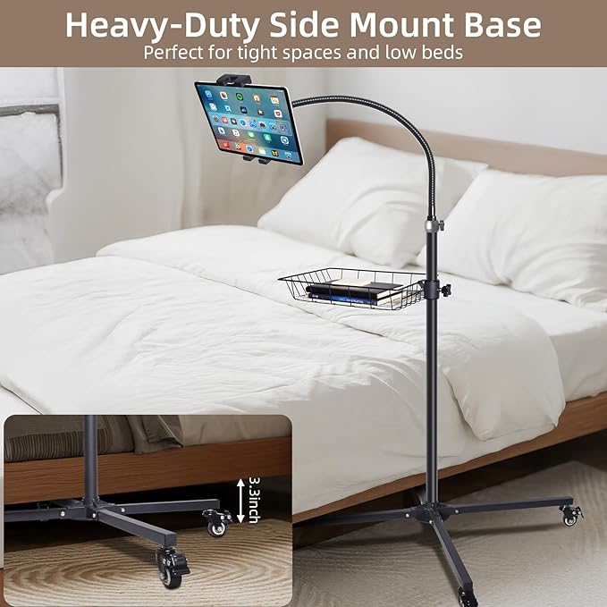 Premium Rolling Tablet Floor Stand with Heavy Duty Industrial Wheels & Storage Basket, Tall Adjustable iPad Stand Floor on Wheels, Universal Mount Holder for iPad Pro, Air, Mini, Phone