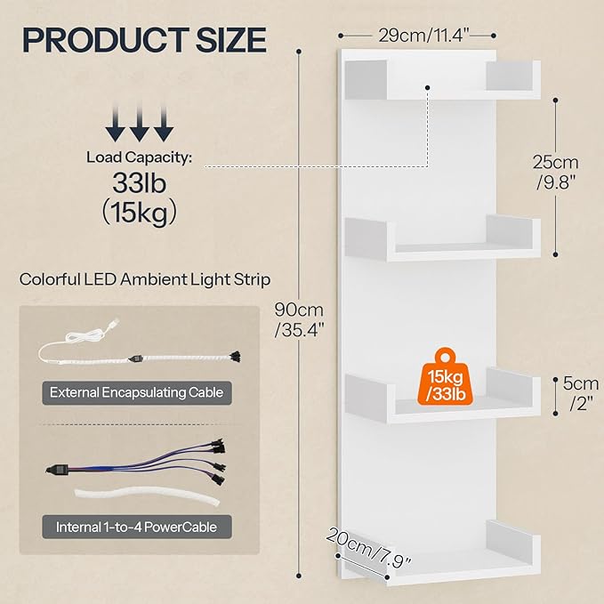 HOOBRO Floating Wall Shelves with LED Lights, Floating Shelf Wall Mounted for Storage, Vertical Display Stand, Modern Column Rack, for Bedroom, Livingroom, 4-Tier, 35.8 Inches, White, WT41DBJ01