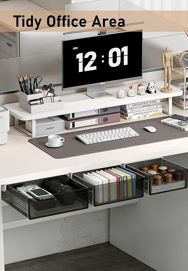 Under Desk Drawer Set of 3, Slide-Out Under Desk Storage Drawers (Large/Medium/Small), Thick Rigid PET Material, Suitable for Home Office, Desk, or Coffee Table