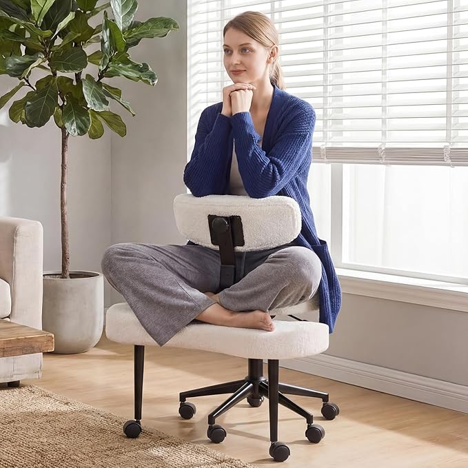 DUMOS Ergonomic ADHD Cross Legged Office Desk Chair with Adjustable Backrest, Height Adjustable Meditation Chair with 360° Swivel Footstool, Teddy Fabric Yoga Stool for Home Office, Bright White