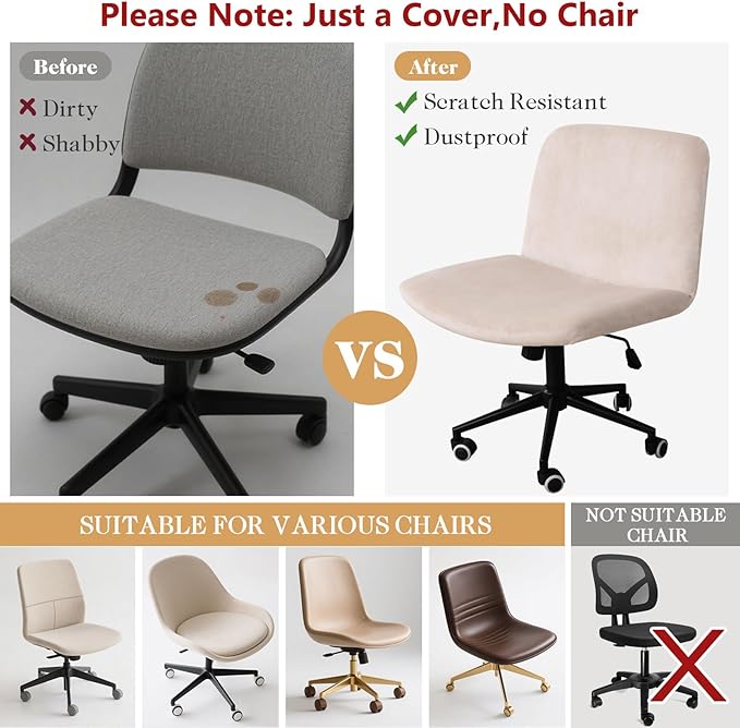 NICEEC Criss Cross Chair Cover Armless Office Dorm Desk Chair Covers Vanity Chair Covers Computer Mid Back Wide Seat Chair Without Arms Protector Spandex Stretch Slipcover Beige(No Chair Only Cover)