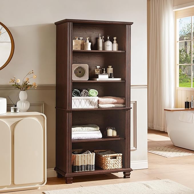 SAVOR LIFE 70" Tall Walnut Bookshelf,5 Tier Wooden Book Shelf with Adjustable Shelves & Wood Legs,Free Standing Farmhouse Bookcase with Open Display Storage,Vintage Bookshelves for Classroom, Office