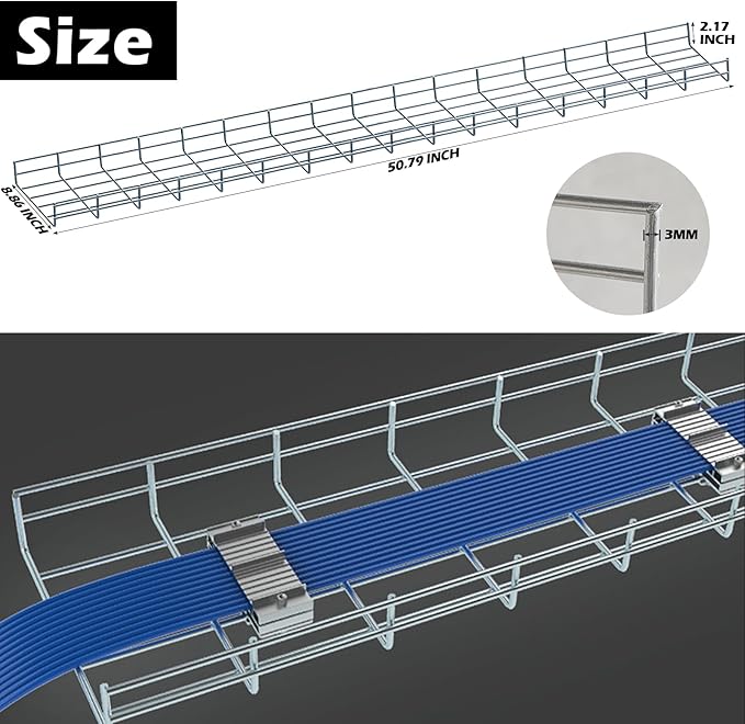 Wire Mesh Cable Tray, 60" x 8" x 2", 4", or 18" | Zinc Plated Steel Cable Management Rack, Adjustable Cable Basket for Network, AV, Fiber Optic, Garage & Office Use(2Pcs)