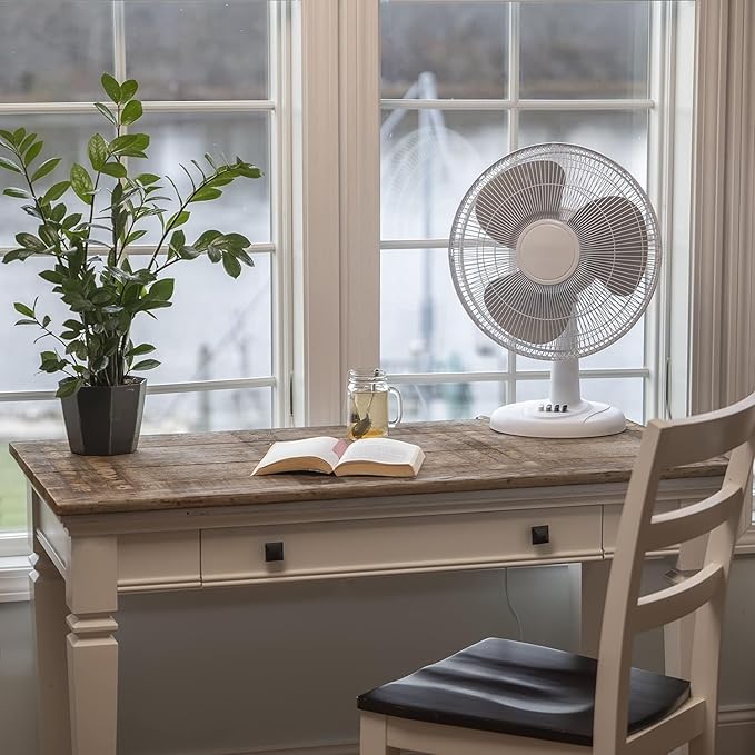 EZ-CHILL 16” Oscillating Table Fan with Adjustable Tilt, Convenient Push Button Controls, Quiet, 3 Speed, Desk Fan, Airflow 15.75 ft/sec, Ideal for Home, Bedroom, Dorm & Office, MTFD-16