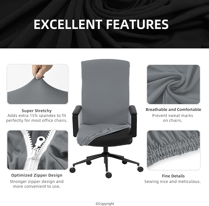 DIVA EN CAMINO DEC Stretch Office Chair Cover with Zipper, Soft Slipcover for Desk, Boss, or High Back Chair, Mid Gray