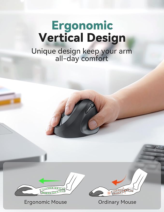 TECKNET Ergonomic Mouse, 4800 DPI Wireless Vertical Mouse, 5 Adjustable DPI Levels, 6 Buttons, 2.4G Silent Wireless Mouse for Laptop, PC, Chromebook, Mac - Dark Grey