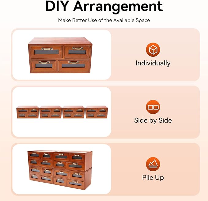 4 Pcs Vintage Wooden Storage Box, 16 Drawer Desktop Organizer for Home Office Organization, Brown Storage Cabinet for Storing Small Items like Cosmetics and Cards