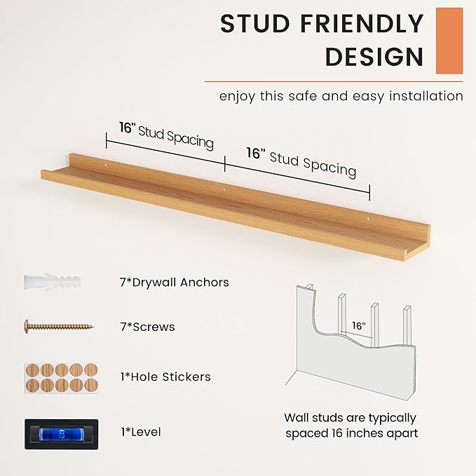 FLYJOE Picture Ledge Shelf, Floating Shelves Set of 2, 44 Inches Nursery Book Shelves for Toys Storage, Kids Bookshelf Wall Mounted for Living Room Bedroom Decor Books Photo Frames, Natural Oak
