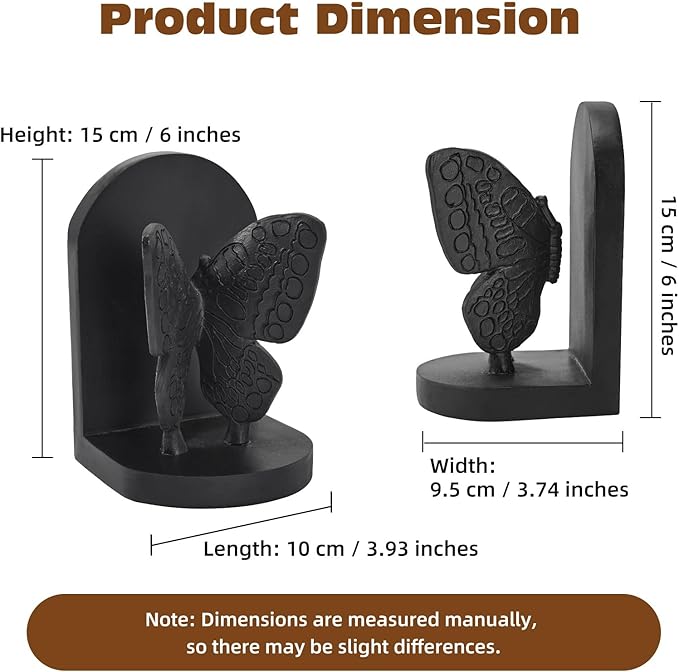 Black Butterfly Book Ends for Shelves, Butterflies Statue Decorative Bookends for Heavy Books, Resin Book Ends with Non-Slip Felt Base for Home Farmhouse Shelves Office Lover Gift