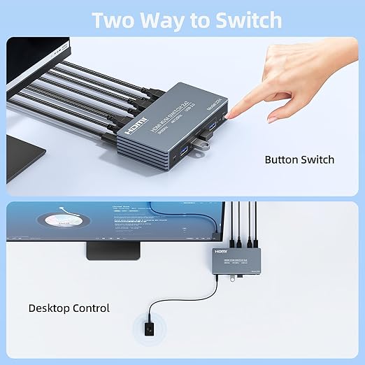4K@120Hz HDMI Kvm Switch 2 Monitors 2 Computers 8K@60Hz Monitor KVM Switches, 4 USB3.0 Ports for 2 PC Share Mouse Keyboard and 2 Screens Support Button Switch PoC EDID Plug and Play Zero Latency