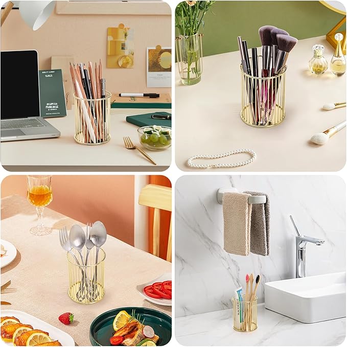 Yopay 4 Pack Gold Pencil Holder, Metal Pen Cup Makeup Brush Holder for Desk, Round Wire Mesh Desktop Organizer for Office School Home Vanity, Aesthetic Cylindrical Storage Organizer for Art Supplies