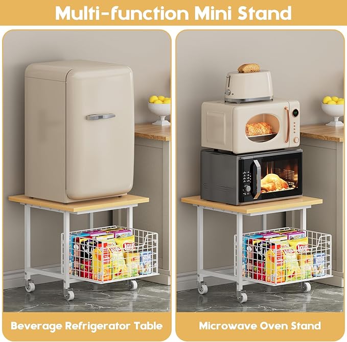 Mini Fridge Stand with Storage, Small Refrigerator Stand with Wheels, Mini Fridge Cabinet-Max Load 300 LBS Heavy Microwave Printer Stand Mini Fridge Cart for Dorm, Apartment, Kitchen, Office (White)