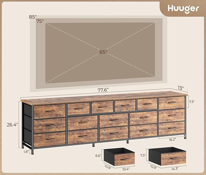 Huuger 77.6" Long Dresser for Bedroom, 16 Drawer Fabric Dresser for Closet, Wide Chest of Drawers with Storage, TV Stand for 65, 75, 85 Inch TV, 77.6" W x 12.9" D x 26.7" H, Rustic Brown