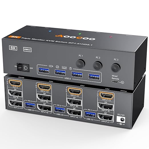 8K@60Hz HDMI Displayport KVM Switch 3 Monitors 3 Computers 4K@144Hz Triple Monitor KVM Switches with USB 3.0 Port,Wired Remote,Power Adapter and USB3.0 Cables(16.2 cm 3 PC 3 Monitor 8K KVM)