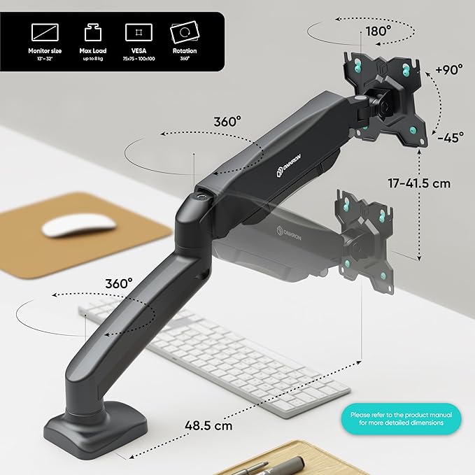ONKRON Monitor Arm from 13 to 32 Inches - Desk Monitor Bracket in Black Colour with Weight up to 8 kg - PC Screen Support Max VESA 100x100mm - PC Screen Holder Swivel Desk G80-B