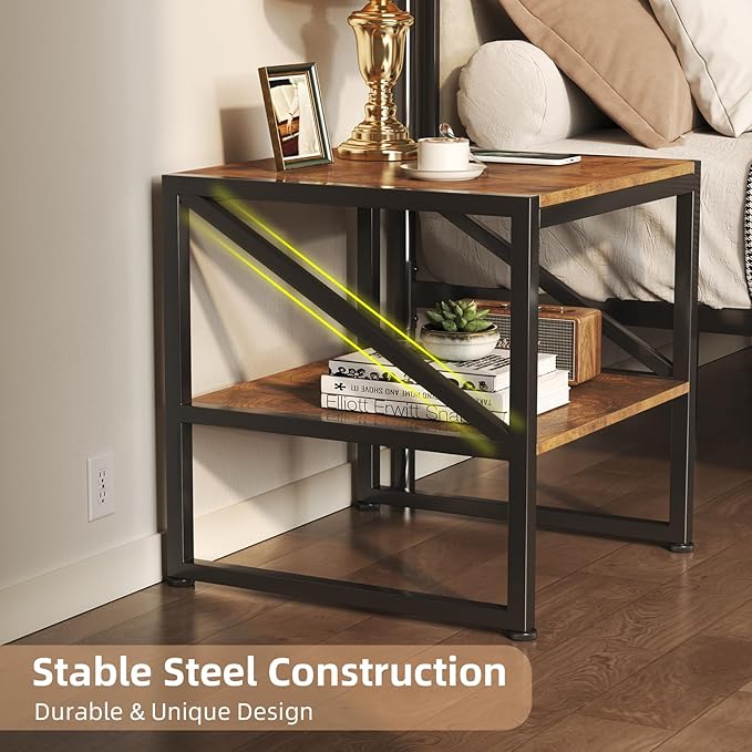Mexin 20 Inch Square End Table, Mini Fridge Stand with 2-Tier Storage Shelf, High Load Capacity Printer Table for Living Room Bedroom, Rustic Brown