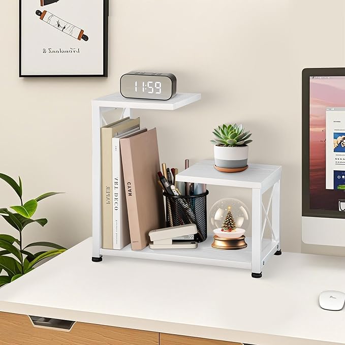 Desk Shelf Organizer, 3-Tier Wood Desk Bookshelf, Small Tabletop Book Shelf, Adjustable Display Rack for Office Decor and Desk Accessories, Rustic White
