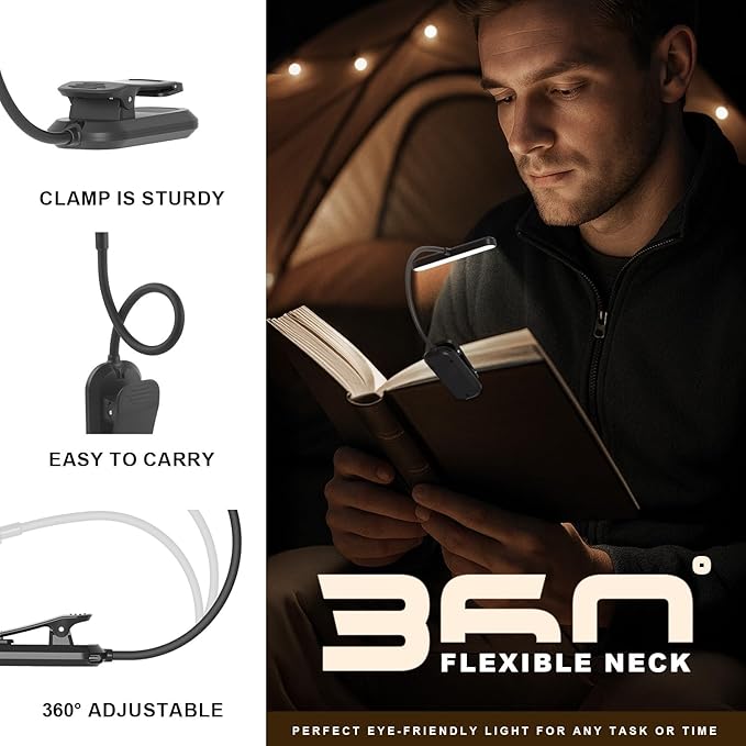 Rechargeable Book Lights for Reading at Night 25 LED - Eye Caring 15 Level Stepless Dimming, Extended 90Hrs Runtime, Lightweight Clip on Light, Gifts for Book Lovers, Black