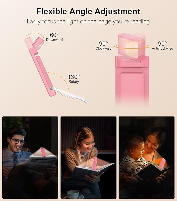 Gritin Book Light Rechargeable, Eye Caring 3-Color & 5-Brightness Clip on LED Reading Light for Books in Bed- Stepless Dimming, Long Lasting, Compact Size Flexible Book Lamp for Bookworms-Warm Pink