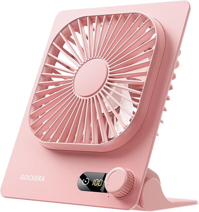 Desk Fan, 6.61''Ultra-thin Battery Powered Fan with Powerful Wind,100 Speeds Adjustable&Digital Display,Timer,Ultra-quiet Small Portable Fan for Bedroom,Office,Travel (Pink and Black, 5000mAh)