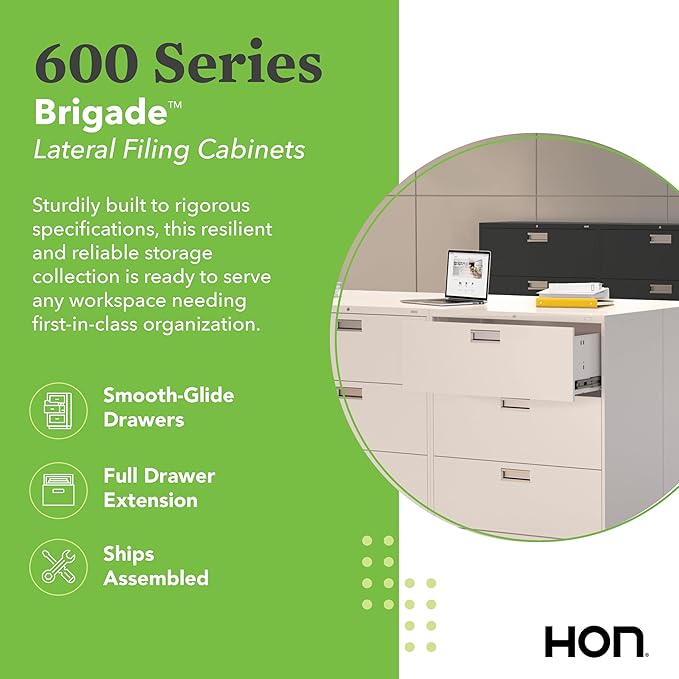 HON 4 Drawer Lateral File Cabinet with Lock, Metal Filing Cabinets for Offices, Adjustable Hangrails for A4, Legal, Letter Files, 18" Deep, Light Gray