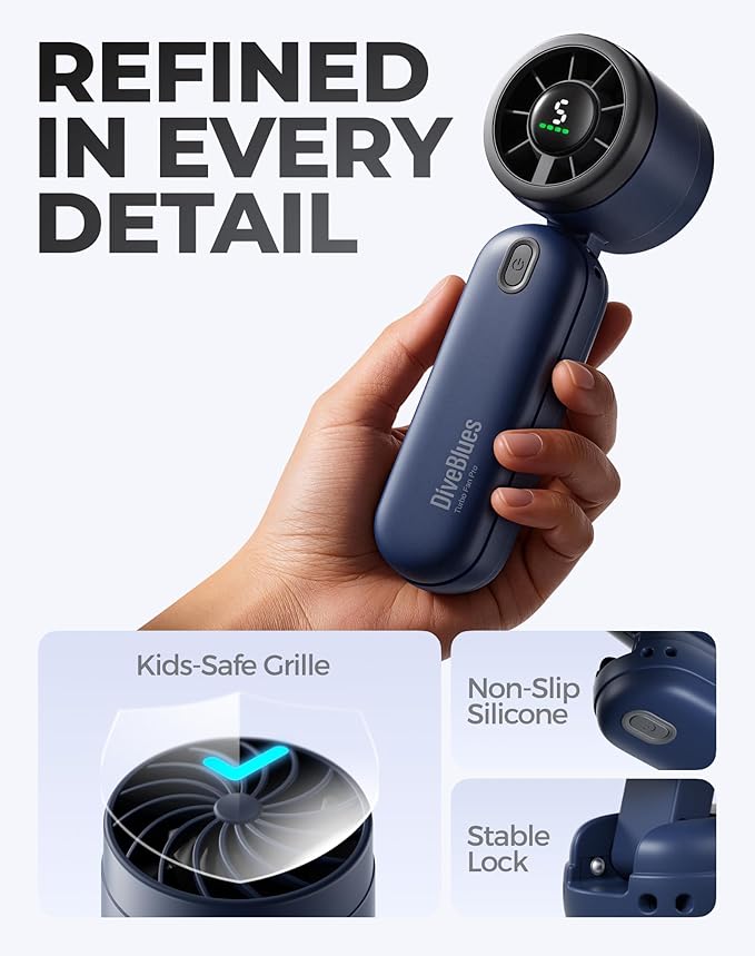 Diveblues Handheld Fan, 30ft/s Mini Portable Turbo Fan [12H Max Cooling], 4000mAh Personal Fan with LED Display, 3-in-1 Hand Held/Neck/Desk Fan for Travel, Cruise, Disney Essentials