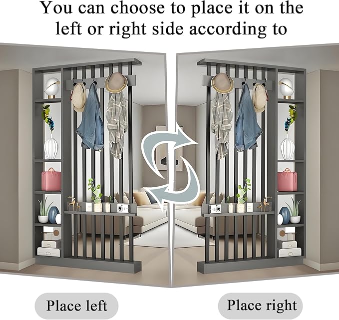 Wall Room Divider - Freestanding Wood Room Divider with Shelves and Coat Rack, Wall Divider with Storage Cabinet and Display Shelf, Freestanding Decor for Bedroom, Office