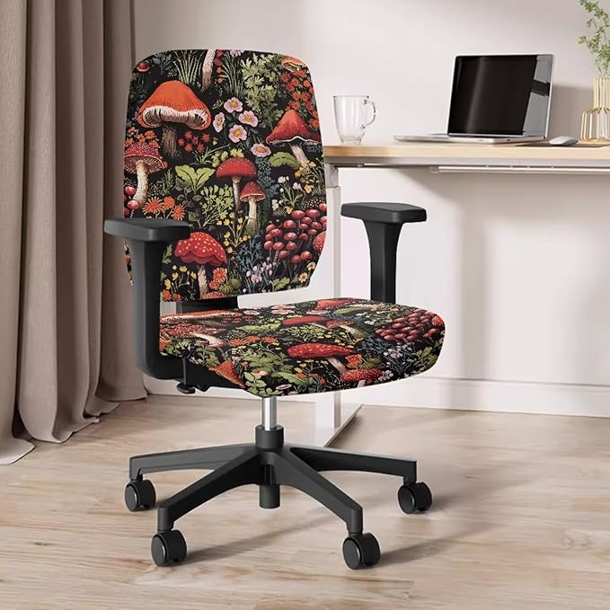 Mushroom Computer Chair Covers Stretchable Office Chair Cover Flower Desk Chair Seat Cover 2 Piece Decorative Universal Slipcover for Rotating Chair,Swivel Chair Protector Cover Black
