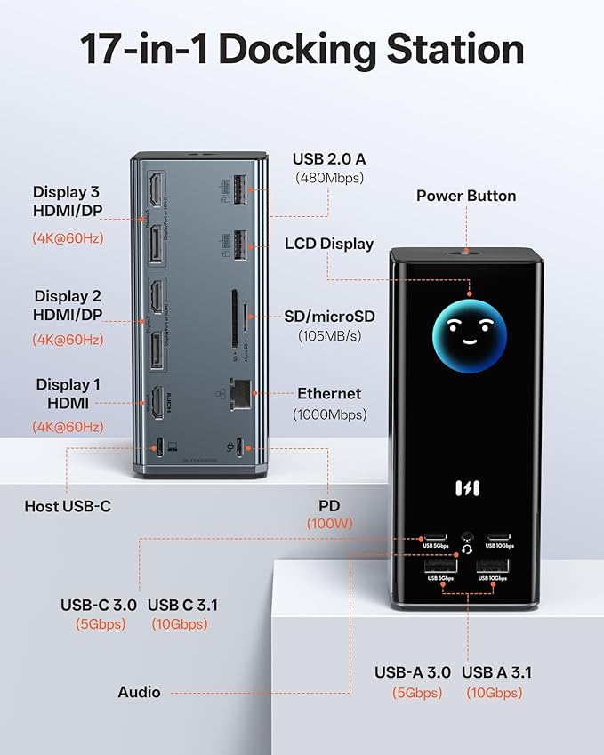 Selore Laptop Docking Station 3 Monitors, Triple 4K Display 3 HDMI 2 DP, Smart Display with Weather,100W PD, 10Gbps USB A/C, Gigabit Ethernet, SD/microSD Reader for Dell/HP/Lenovo/Asus/Acer
