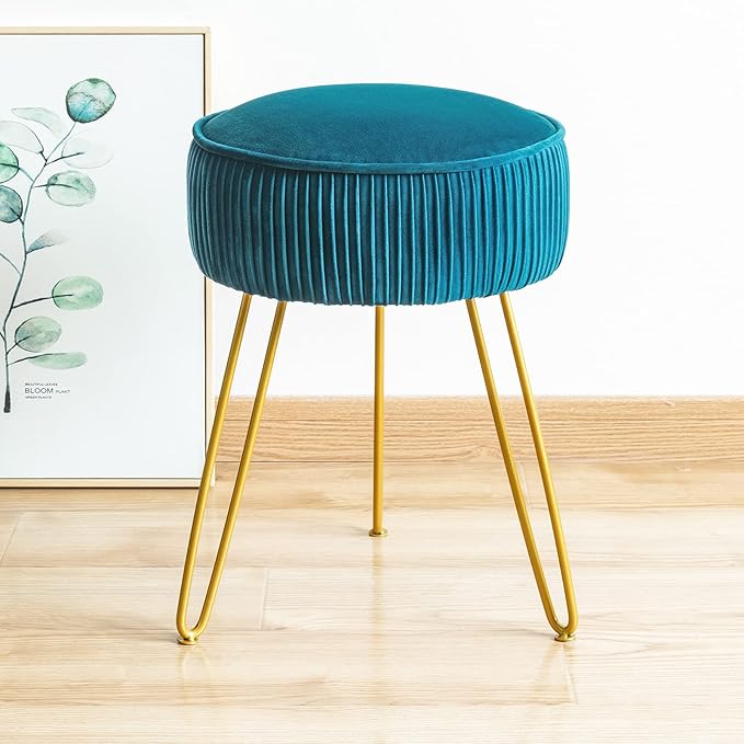 LUE BONA Pleated Vanity Stool, Velvet Upholstered Vanity for Makeup Room, Round Mondern Stool for Vanity, Ottoman Footrest with Metal Legs for Living Room, Bedroom, Peacock Blue
