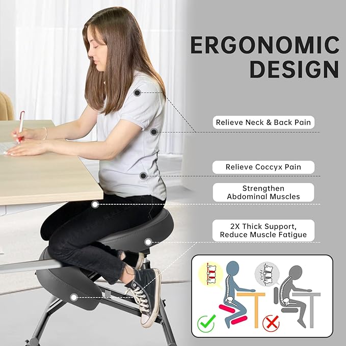 PU Leather Ergonomic Kneeling Chair, Adjustable Home and Office Stool with Thick Pads and Flexible Lockable Brake Wheels for Back Pain Relief（Dark Gray）