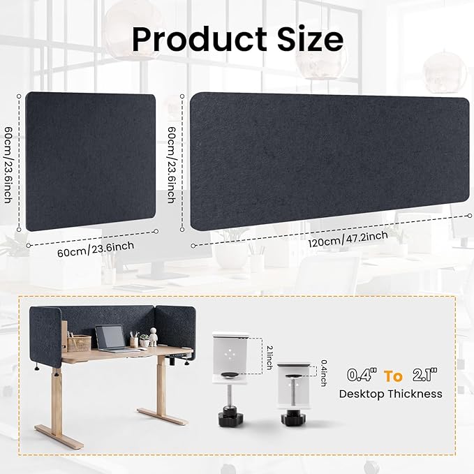 Desk Divider, Clamp On Felt Desk Privacy Panels, Acoustic Sound Absorbing Desk Partition for Office Desk, Reduce Distractions, Dark Gray, 3 Pack, 24 x 24 in and 24 x 48 in