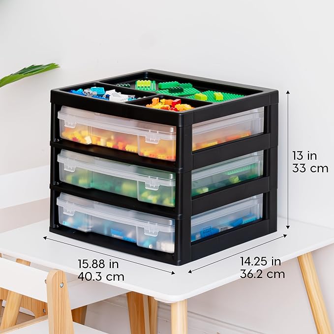 IRIS USA Fits 12" x 12" Paper, 3-Tier Desk Top Storage Unit with Organizer Top, for Office Art & Craft Supplies, Pens Pencils Sticky Notes Paper Clips, 3 Clear Cases w/ Built in Handle - Black/Clear