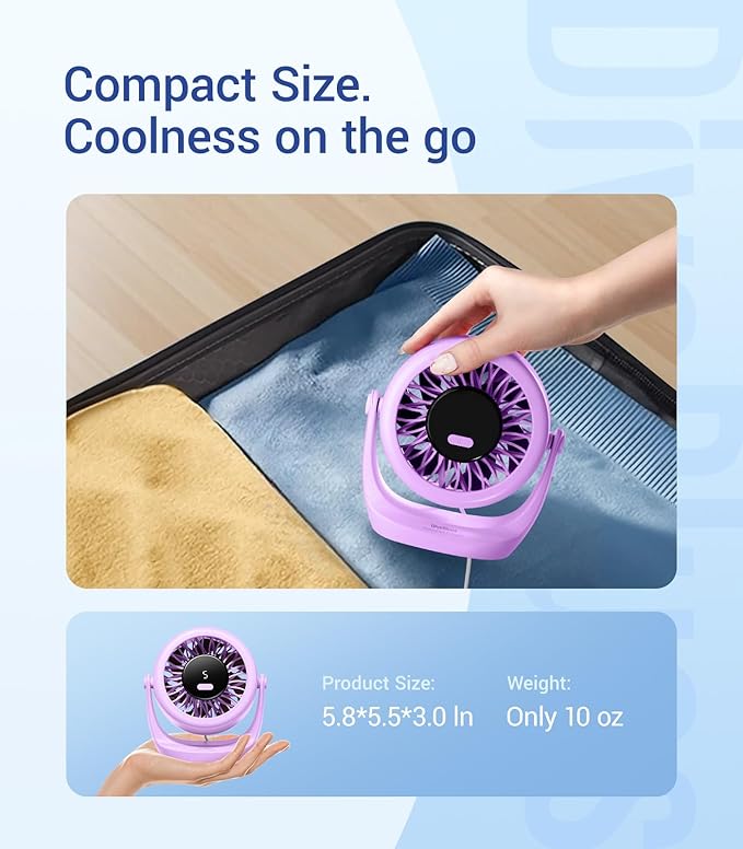 Diveblues USB Desk Turbo Fan, Ultra-Quiet Mini Desk Fan, Powerful Wind, LED Display, 5 Speed, 360° Rotating Small Portable Fan for Home, Office and Outdoor Cool Tech Gadgets - TurboBreeze
