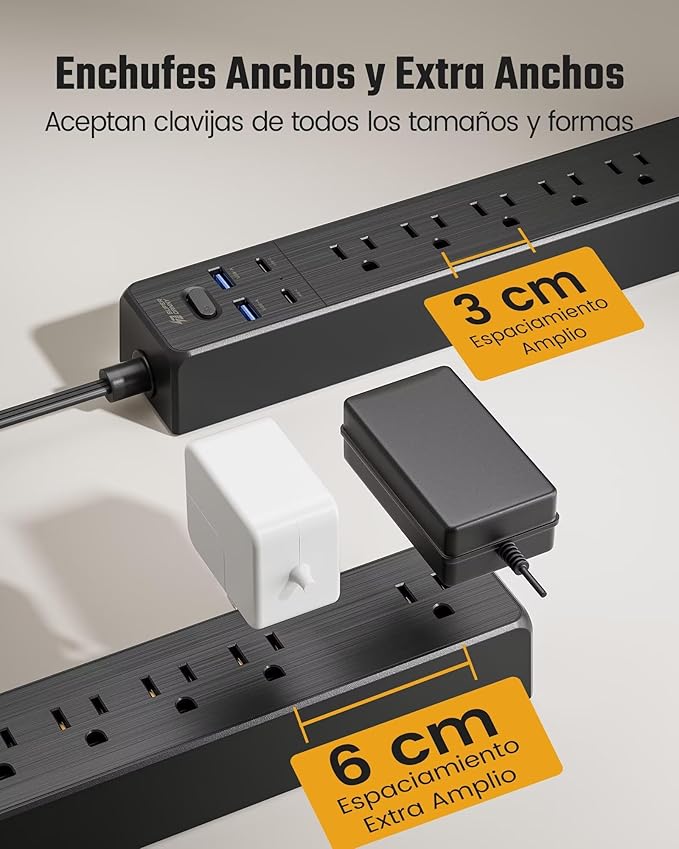 Power Strip USB Surge Protector, SUPERDANNY Mountable Extension Cord with USB 5 Outlets 3 USB Ports with Hook & Loop Fastener for iPhone iPad PC Home Office Travel (9.8ft, Black)