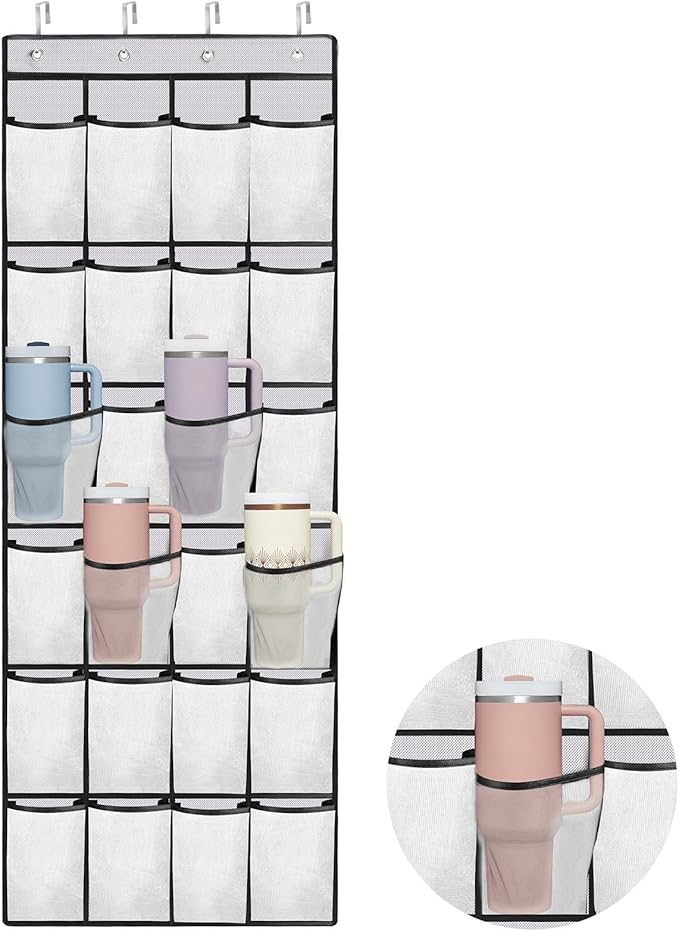 Cup Organizer for Stanley Cup, 24 Pockets Large Capacity Cups Holder for Stanley Tumbler, Portable Foldable Hanging Bag for Cabinet Wall Door RV, Kitchen Storage Accessories for Stanley Cup White