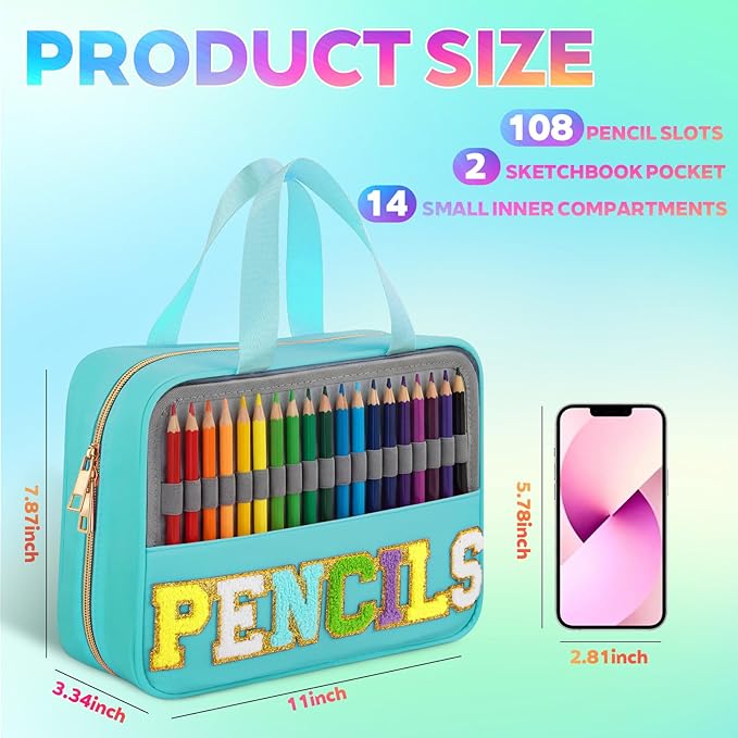 Hillban 108 Slots Large Colored Pencil Case with Chenille Letter Patch Extra Large Capacity Interlayer Pencil Holder Organizer with Handle Zipper Portable Storage Bag Graduation Gift for Artist(Green)