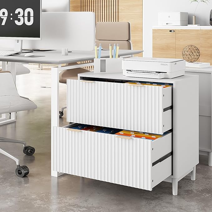 VINGLI 2 Drawer File Cabinet, Home Office Filing Organizer, for Letter Legal A4 Size File Folder Storage, Modern Style Fluted Design, Wood Lateral Filing Cabinet, Printer Stand, Archivador, White