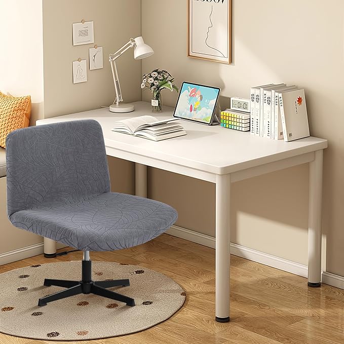 Fuloon Criss Cross Chair Cover, Waterproof, Stretchable, Solid Jacquard, Suited for Armless/Office/Desk/Mid Back Wide Seat/Computer/Task/Vanity/Accent Chair (Leaves -Shaped Jacquard, Dark Grey)