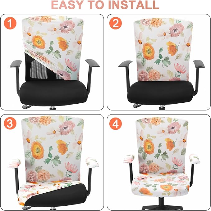 Tallew 4 Pcs Office Chair Covers Set Computer Universal Protective Stretchable Chair Seat Covers Desk Armrest Cover Pads Office Cushion Backrest for Rotating (Flower,Colorful)